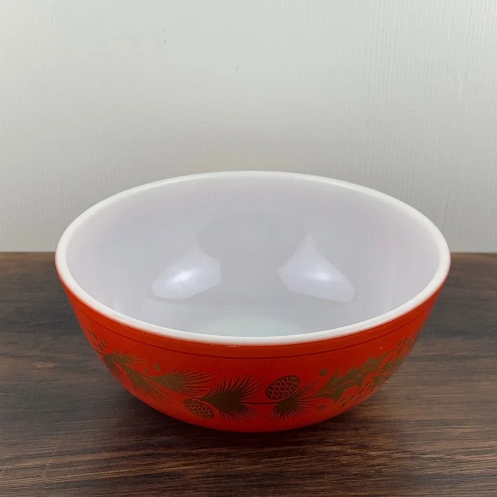 Vintage Pyrex 404 Golden Pine 4QT Mixing Bowl Orange Red Gold Holiday MCM